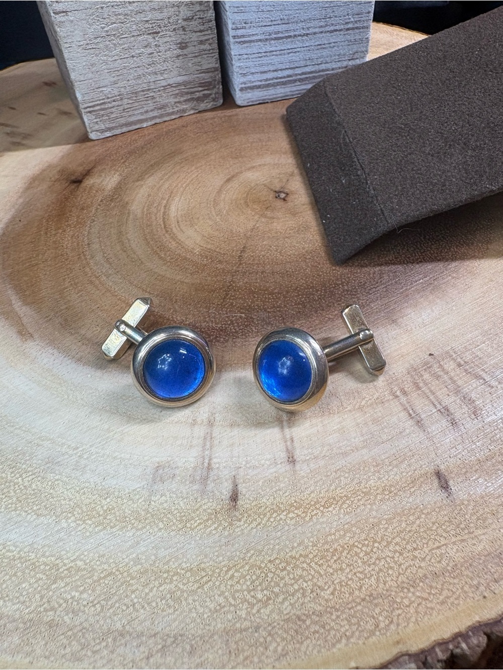 SWANK Silver Round Cufflinks with Deep Blue Glass